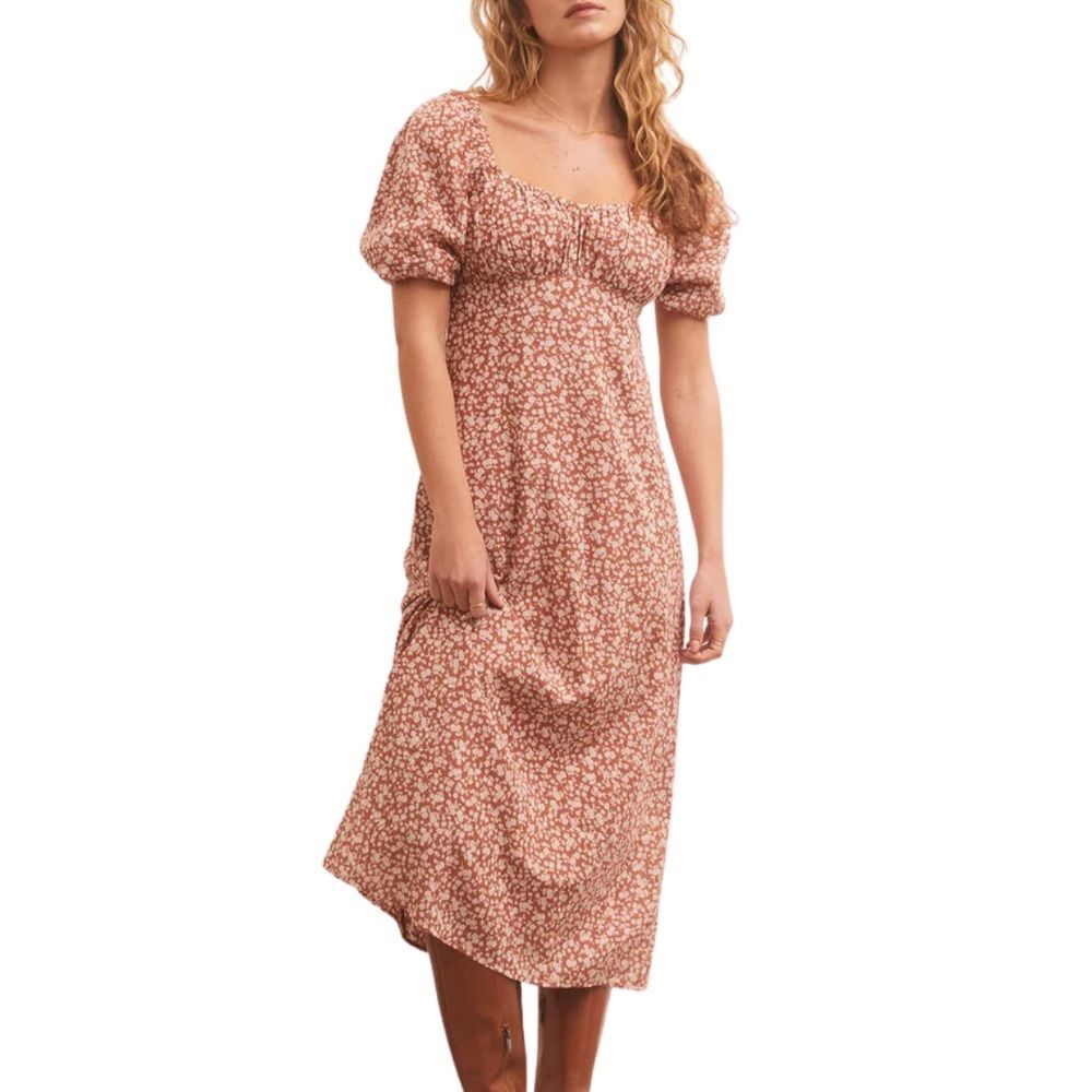 Z Supply Rust Floral Babydoll Sweetheart Puff-Sleeve Midi Dress L Cottage Boho